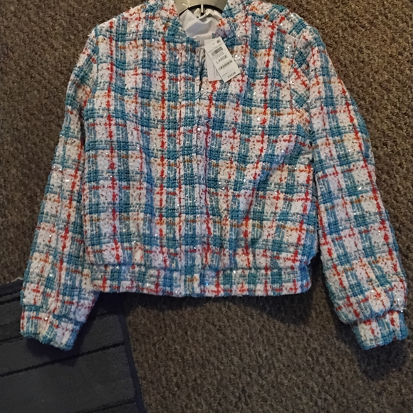 ON 34th Jackets & Blazers - Red and Blue Bomber Jacket with Textured Tweed NEW WITH TAGS